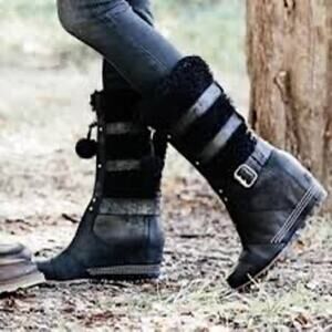 Sorel Helen Holiday Wedge Zip Front Black Leather Sheepskin Tall Boot Womens 7.5